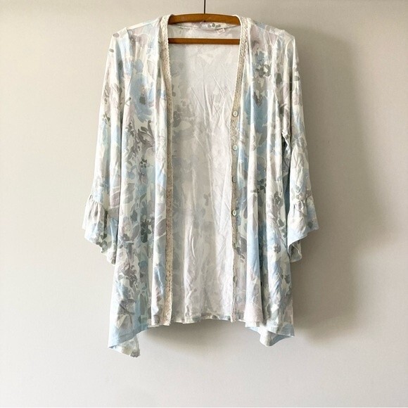 Light Blue Floral Knit Cardigan Logo By Lori Goldstein QVC  A351659 - Picture 1 of 6